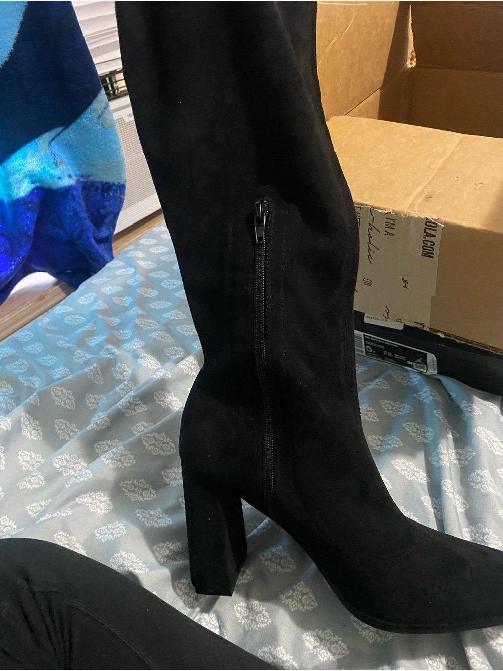 Miss Lola Black Knee-High Block Heel Suede Boot